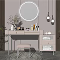 Modern Light Gray Dressing Table With Round Mirror Hanging Lights Cosmetics And Stool