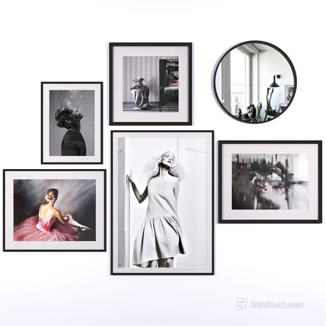 Multiple Photo Frames With Black And White And Colorful Art Prints For Wall Decor 3d model 