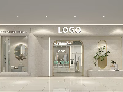 Modern Stylish Clothing Store With Arched Entrance Glass Door Green Plants And Round Mirror 3d model