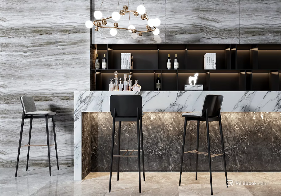 Stylish Bar Interior With Marble Countertop Black Bar Stools Hanging Chandelier And Shelves With Bottles 3d model 