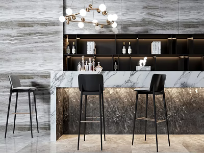 Stylish Bar Interior With Marble Countertop Black Bar Stools Hanging Chandelier And Shelves With Bottles 3d model