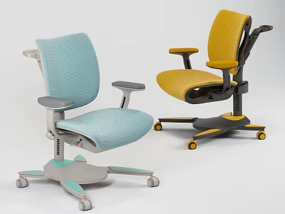 Modern Children's Chairs In Light Blue And Yellow With Breathable Mesh Armrests And Rolling Wheels 3d model