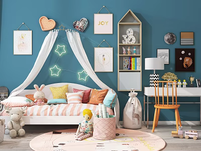 White Kids Bed in Colorful Children's Room with Blue Wall Star Lights and Stuffed Toys 3d model