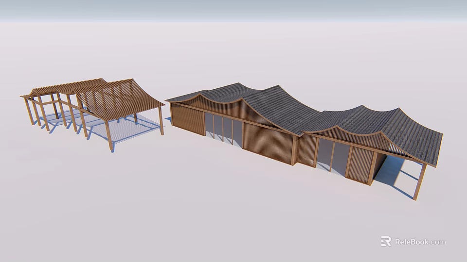 Modern Wooden Building Exterior Featuring Wavy Roof And Open Pergola Structure 3d model 