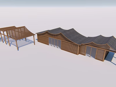 Modern Wooden Building Exterior Featuring Wavy Roof And Open Pergola Structure 3d model