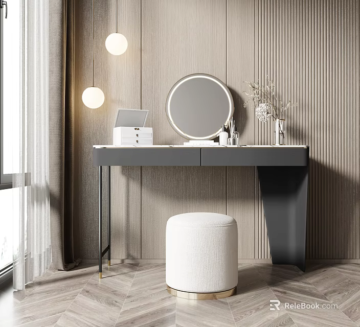 Modern Vanity Interior With Round Mirror White Stool And Pendant Lights 3d model 