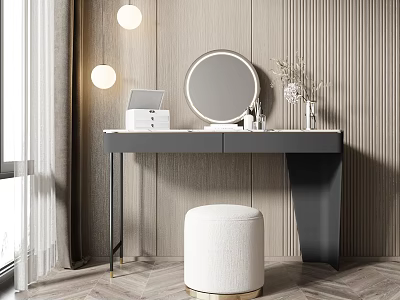 Modern Vanity Interior With Round Mirror White Stool And Pendant Lights 3d model