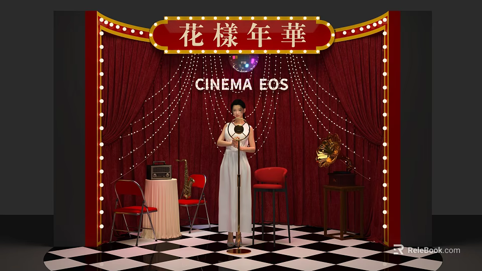 Vintage Stage with Red Curtains String Lights Gramophone Red Chairs and Black White Checkered Floor 3d model 