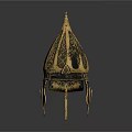Intricate Blue And Gold Decorated Ancient Helmet With Pointed Top And Historical Weapon Design