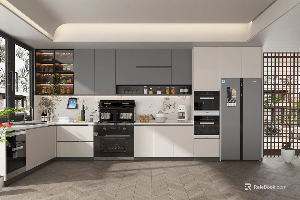 Modern Kitchen Interior Design With Gray White Cabinets Appliances And Countertop 3d model 