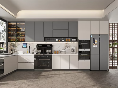 Modern Kitchen Interior Design With Gray White Cabinets Appliances And Countertop 3d model