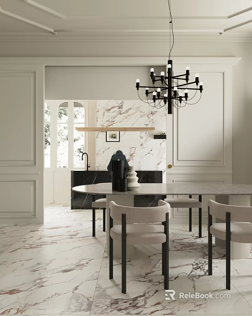 Modern Living Dining Room Design With Marble Wall Chandelier Dining Table And Neutral Chairs 3d model 