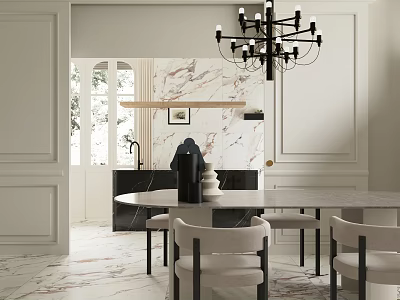 Modern Living Dining Room Design With Marble Wall Chandelier Dining Table And Neutral Chairs 3d model