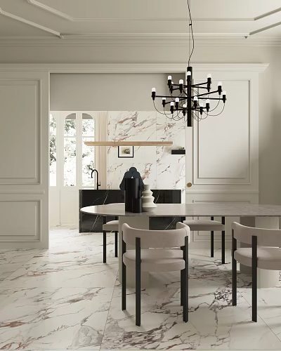 Modern Living Dining Room Design With Marble Wall Chandelier Dining Table And Neutral Chairs 3d model