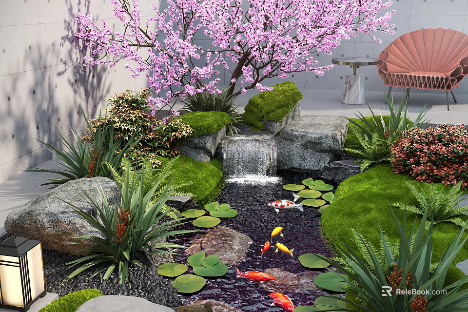 Outdoor Water Fountain With Pink Cherry Blossom Tree Stones Stream Koi Fish And Lotus Leaves 3d model 