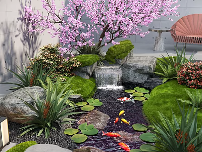 Outdoor Water Fountain With Pink Cherry Blossom Tree Stones Stream Koi Fish And Lotus Leaves 3d model