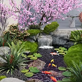 Outdoor Water Fountain With Pink Cherry Blossom Tree Stones Stream Koi Fish And Lotus Leaves