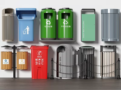 Different Types Of Public Trash Bins With Colorful Designs And Recycling Features 3d model