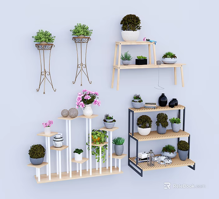 Display Shelves With Various Multi Tiered Designs Wooden Metal Frames Decorated With Potted Plants 3d model 