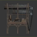 Vintage Industrial Functional Workbench with Wooden Support Frame Metal Cylinders Red Grinder and Black Hoses