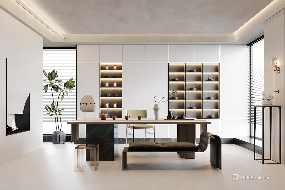Modern Study Room Interior Design With White Cabinets Built in Bookshelves And Long Wooden Desk 3d model 