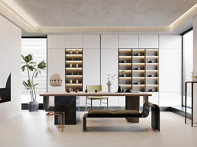 Modern Study Room Interior Design With White Cabinets Built in Bookshelves And Long Wooden Desk 3d model