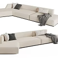 Beige Sectional Sofa With Gray And Beige Cushions And Gray Throw Blanket 3d model