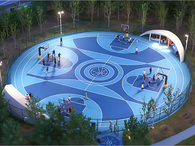Outdoor Basketball Court With Blue Surface People Playing And Surrounding Trees 3d model