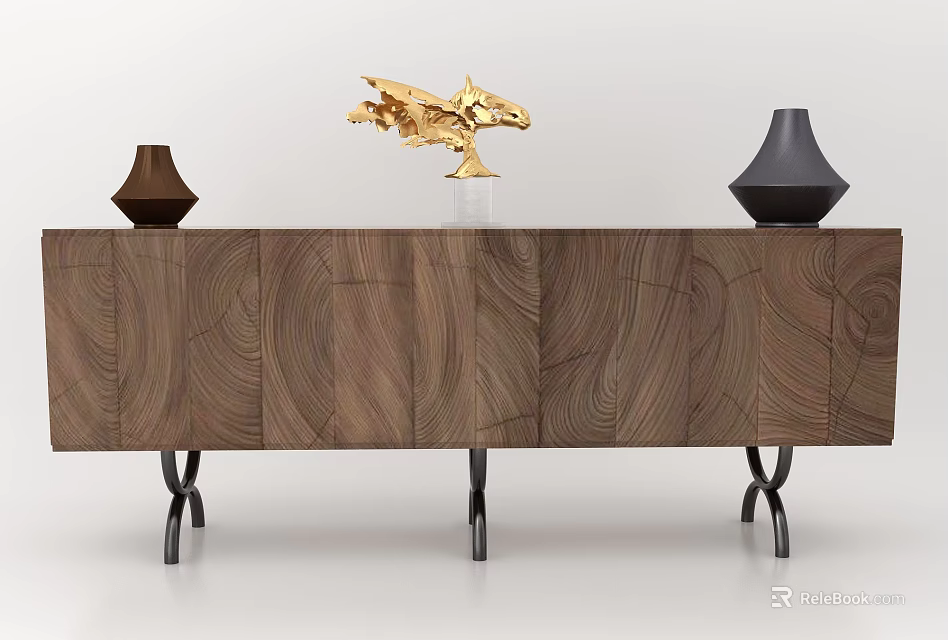 Wooden TV Stand Featuring Wood Grain Design Black Legs Decorative Vases And Golden Sculpture 3d model 