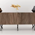 Wooden TV Stand Featuring Wood Grain Design Black Legs Decorative Vases And Golden Sculpture