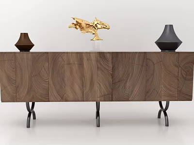 Wooden TV Stand Featuring Wood Grain Design Black Legs Decorative Vases And Golden Sculpture 3d model