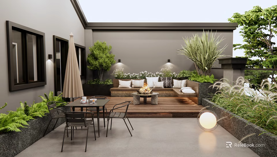 Modern Rooftop Garden With Wooden Deck Fire Pit Seating Green Plants And Outdoor Lighting 3d model 