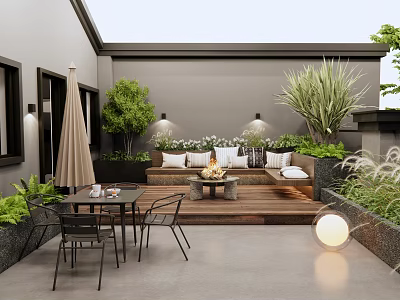 Modern Rooftop Garden With Wooden Deck Fire Pit Seating Green Plants And Outdoor Lighting 3d model