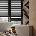 Modern Contemporary Bathroom Interior With Freestanding Bathtub Toilet And Geometric Floor Blinds