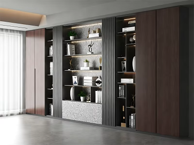 Modern Wooden Bookcase with Open Shelves Books Decorative Plants and Closed Cabinets 3d model