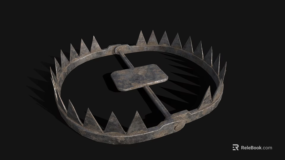 Old Fashioned Metal Spiked Circular Weapon Trap With Trigger Mechanism On Black Background 3d model 