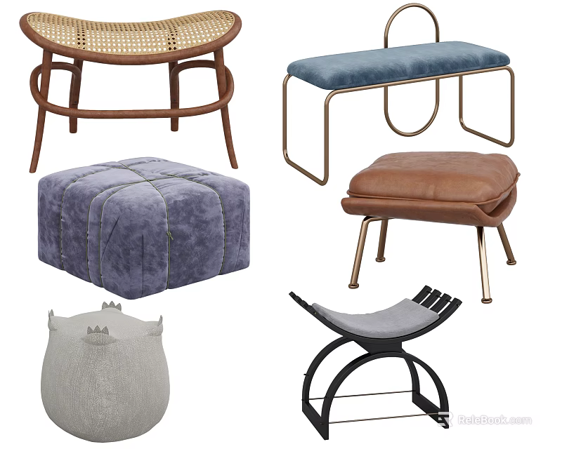 Various Stylish Sofa Stools with Rattan Leather Velvet and Metal Frame Designs 3d model 
