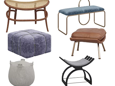 Various Stylish Sofa Stools with Rattan Leather Velvet and Metal Frame Designs 3d model