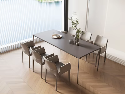 Modern Minimalist Dining Table Set With Six Chairs Vase Tray And Lake View 3d model