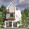 Modern Detached Villa With Contemporary Design Balconies Lush Trees And Paved Driveway