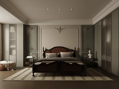 Elegant Bedroom Interior Design With Wooden Bed Area Rug Wall Molding And Nightstand 3d model