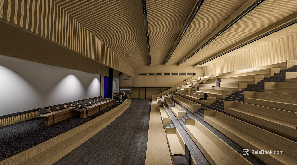 Modern Conference Room Interior With Wooden Ceiling Stepped Seating And Spacious Layout 3d model 