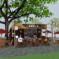 Outdoor Wooden Milk Tea Shop With Customers Sitting Under Trees And Tables Chairs