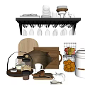Organized Kitchen Utensils Display With Black Shelf Hanging Cups Wooden Chopping Board And Fruit Basket