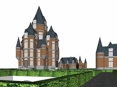 Castle Style Building With Red Brick Structure And Tall Spires Near Green Hedges 3d model