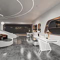 Modern Exhibition Hall Interior With Curved Ceiling Lights White Display Tables And Gray Flooring