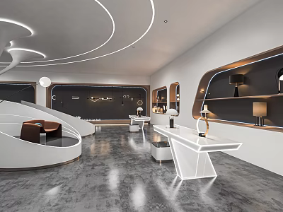 Modern Exhibition Hall Interior With Curved Ceiling Lights White Display Tables And Gray Flooring 3d model