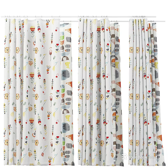 Cute Curtains With Colorful Cartoon Patterns Heart Shapes And Animal Motifs 3d model 