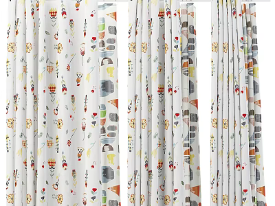 Cute Curtains With Colorful Cartoon Patterns Heart Shapes And Animal Motifs 3d model