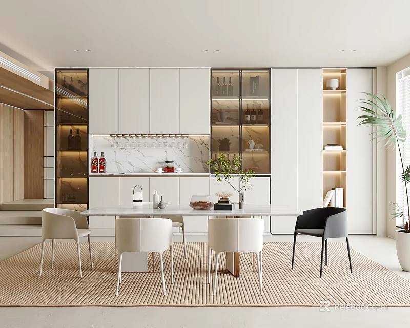 Modern Open Restaurant Interior With Kitchen Cabinets Dining Table And Green Plants 3d model